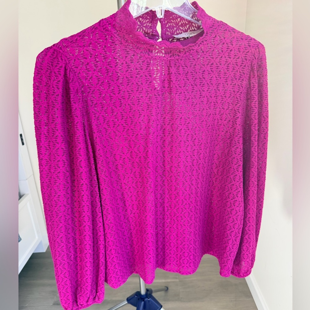 LOFT Fuchsia Lace High-Neck Blouse